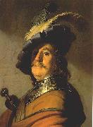 Bust of a man in a gorget and a feathered beret. Rembrandt